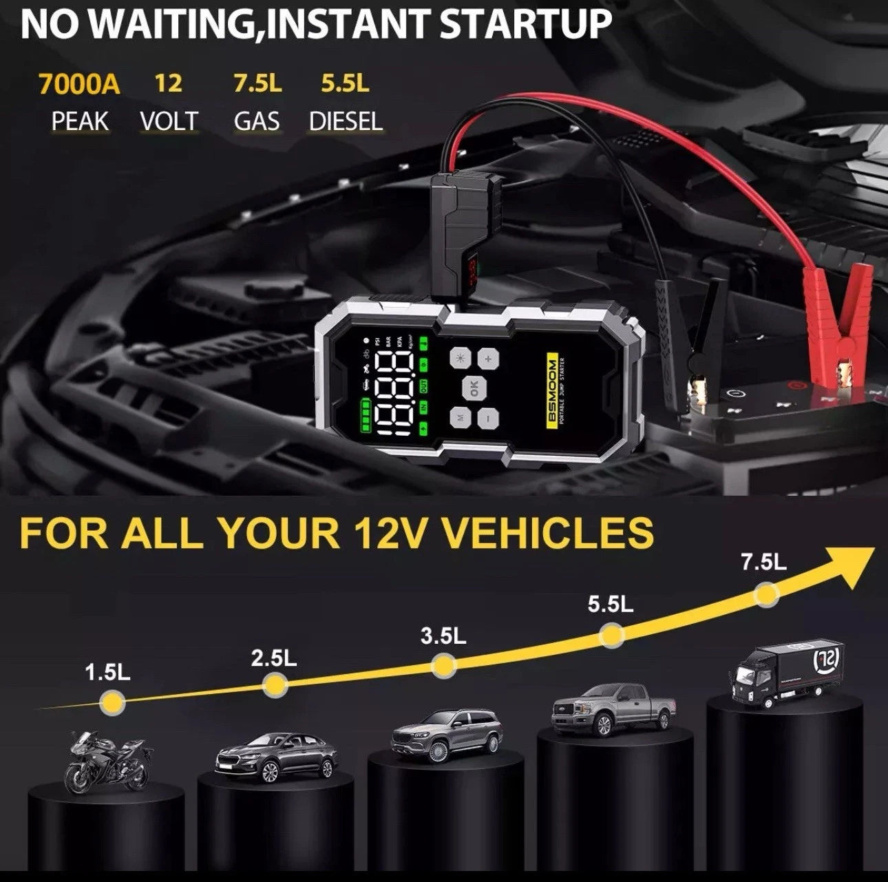 Powerful 7000A Car Jump Starter with Air Compressor